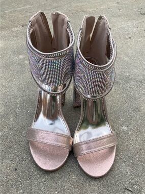 Embellished Rose Gold High Heel Sandals with Rhinestone Cuff